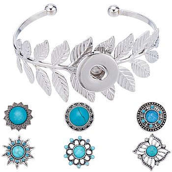 DIY Interchangeable Flower Bangle Making Kit, Including Alloy Leaf Interchangeable Snap Open Cuff Bangle Settings, Alloy Snap Button, Turquoise, 7Pcs/bag