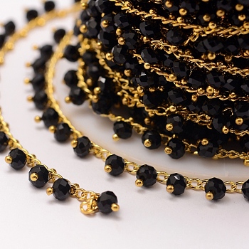 3.28 Feet Handmade Glass Beaded Chains, Soldered, with Brass Findings, Black, 7x4mm