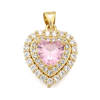 Brass Micro Pave Cubic Zirconia Pendants, Heart, Rack Plating, Long-Lasting Plated, Lead Free & Cadmium Free, Pink, 19x16x8mm, Hole: 4x3mm