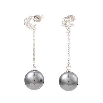 Shell Pearl Round Dangle Stud Earrings, Moon & Star Real Platinum Plated Rhodium Plated 925 Sterling Silver Asymmetrical Earrings with Cubic Zirconia, Gray, 45x12mm