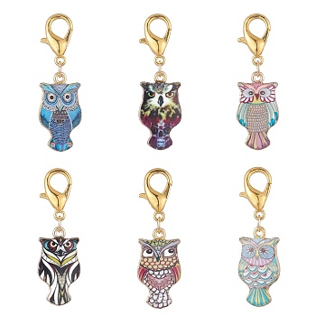 Alloy Enamel Pendant Decoration, with Zinc Alloy Lobster Claw Clasps, Owl, Mixed Color, 39~41mm, 1pc/color