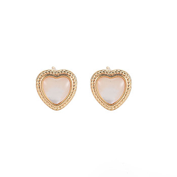 Natural Freshwater Shell Stud Earring Findings, with Brass Findings, with Loop, Nickel Free, Heart, Real 18K Gold Plated, 9x9mm, Hole: 0.8mm, Pin: 0.6mm