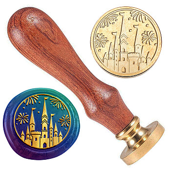 Brass Sealing Wax Stamp Head, with Wood Handle, for Envelopes Invitations, Gift Cards, Castle, 83x22mm, Head: 7.5mm, Stamps: 25x14.5mm