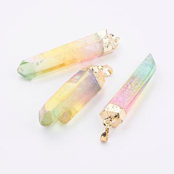 Electroplate Natural Quartz Crystal Pendants, Point Pendants, with Brass Findings, Faceted, Nuggets, Golden, Colorful, 51~59x8~15mm, Hole: 5x8mm