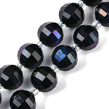 Electroplated Natural Black Onyx(Dyed & Heated) Beads Strands, Faceted, Lantern, with Seed Beads, Rainbow Plated, 9~10mm, Hole: 0.9mm, about 34~35pcs/strand, 15.51~15.67 inch(39.4~39.8cm)