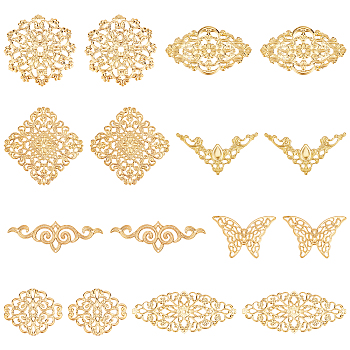 80Pcs 8 Style Iron Filigree Joiners Links, Mixed Shapes, Golden, 22~51x30~81x0.5~3mm, 10pcs/style