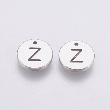 304 Stainless Steel Charms,  Flat Round with Letter, Stainless Steel Color, Letter.Z, 10x1mm, Hole: 1mm