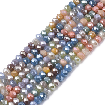 Electroplate Glass Beads Strands, Pearl Luster Plated, Faceted, Rondelle, Colorful, 3x2.5mm, Hole: 0.7mm, about 188~190pcs/16.93 inch~17.71 inch(43~45cm)