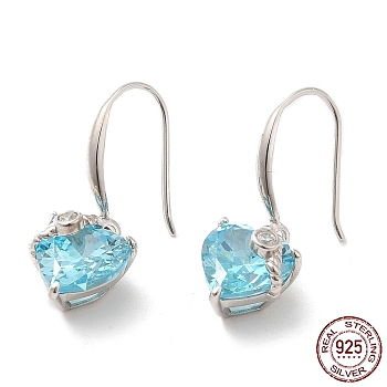 Cubic Zirconia Heart Dangle Earrings, Real Platinum Plated Rhodium Plated 925 Sterling Silver Earrings for Women, Dodger Blue, 26mm