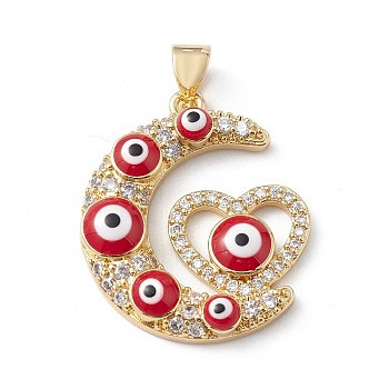 Rack Plating Brass Micro Pave Cubic Zirconia Pendants, with Enamel Evil Eye, Long-Lasting Plated, Cadmium Free & Lead Free, Real 18K Gold Plated, Crescent Moon with Heart Charm, Red, 24.5x21x4.5mm, Hole: 5x3mm