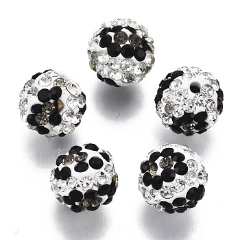 Polymer Clay Rhinestone Beads, Pave Disco Ball Beads, Round, Black Diamond, PP13(1.9~2mm), 6 Rows Rhinestone, 10mm, Hole: 1.5mm