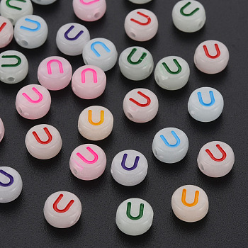 Acrylic Beads, Glow in the Dark, with Enamel and Luminous, Horizontal Hole, Flat Round with Alphabet, Letter.U, 6.5x7x4mm, Hole: 1.6mm, about 3600pcs/500g