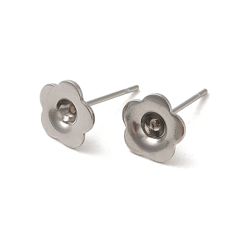 Flower 201 Stainless Steel Stud Earring Findings, Earring Settings with 304 Stainless Steel Pins, Stainless Steel Color, 8x8mm, Pin: 11x0.7mm, Tray: 3.3mm