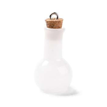 Glass Pendants, with Wood Bottle Stopper and Platinum Alloy Loops, Bulb Shaped, White, 34x18mm, Hole: 2mm