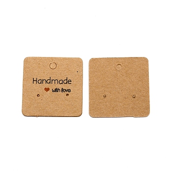 Paper Earring Display Cards, Square with Word Handmade with Love, Dark Goldenrod, 3x3x0.04cm, Hole: 1.2mm, about 100pcs/bag