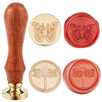 2Pcs 2 Styles Golden Tone Brass Wax Seal Stamp Head, with 1Pc Pear Wood Handle, for DIY Scrapbooking, Butterfly & Dragonfly, 25x14mm, 1pc/style