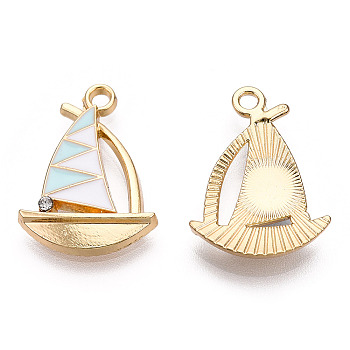 Alloy Enamel Pendants, with Crystal Rhinestone, Light Gold, Sailboat, Pale Turquoise, 21.5x15.5x2.5mm, Hole: 2mm