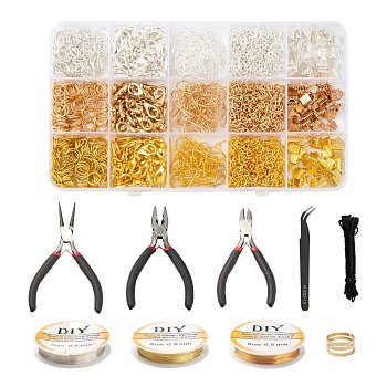 Jewelry Making Tool Sets, Including Carbon Steel Pliers, Brass Rings, Tweezers, Nylon Cord, Copper Wire, Alloy Clasps and Iron Findings, Mixed Color, about 965pcs/set