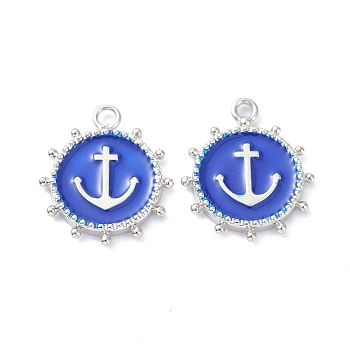 Eco-Friendly Stainless Steel Enamel Pendants, Platinum, Long-Lasting Plated, Flat Round with Anchor, Medium Blue, 20x16.5x2.2mm, Hole: 1.9mm