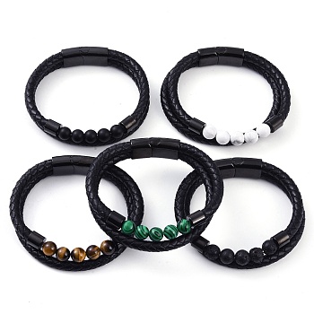 Mixed Stone Round Bead Leather Cord Multi-strand Bracelets, with 304 Stainless Steel Magnetic Clasps, for Men Women, Black, 8-3/8~8-1/2 inch(21.2~21.5cm), 12~14.5mm