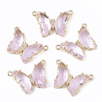 Glass Pendants, with  Micro Pave Cubic Zirconia and Brass Open Back Settings, Faceted, Butterfly, Golden, Pearl Pink, 16.5x23.5x5.5mm, Hole: 1.2mm