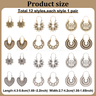 12 Pairs 12 Style Bohemia Hollow Out Heart & Flower & Teardrop & Flat Round Alloy Hoop Earrings(EJEW-AN0003-37)-2
