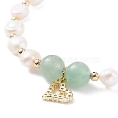 Bracelet en perles d'aventurine verte naturelle et perle avec breloque cœur en zircone cubique(BJEW-JB08167-02)-5