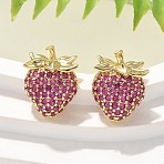 Brass Micro Pave Cubic Zirconia Stud Earrings, Rack Plating, Long-Lasting Plated, Lead Free & Cadmium Free, Strawberry, Real 18K Gold Plated, 16x12mm(EJEW-Q015-13G-01)