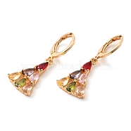 Rack Plating Golden Brass Dangle Leverback Earrings, with Cubic Zirconia, Triangle, Colorful, 32x12mm(EJEW-B037-23G)