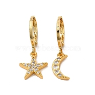 Rack Plating Brass Micro Pave Cubic Zirconia Hoop Earrings, Long-Lasting Plated Star & Moon Earring for Women, Cadmium Free & Lead Free, Real 18K Gold Plated, 25~26mm, Pin: 1mm(EJEW-P221-15G)