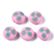 Handmade Polymer Clay Beads, for DIY Jewelry Crafts Supplies, Flat Round with Flower, Pearl Pink, 12x8.5mm, Hole: 1.6mm(CLAY-N008-026F)