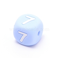 Silicone Beads, for Bracelet or Necklace Making, Arabic Numerals Style, Light Sky Blue Cube, Num.7, 10x10x10mm, Hole: 2mm(SIL-TAC001-02C-7)