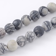 Round Frosted Natural Black Silk Stone/Netstone Bead Strands, 8mm, Hole: 1mm, about 46pcs/strand, 15.1 inch(X-G-M248-8mm-03)