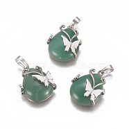 Natural Green Aventurine Pendants, with Enamel and Brass Findings, teardrop, with Butterfly, Platinum, 30x23.5x12mm, Hole: 10x6mm(X-G-K296-B06)