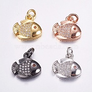 Brass Micro Pave Cubic Zirconia Charms, Long-Lasting Plated, Fish, Mixed Color, 12x13x3.5mm, Hole: 3mm(ZIRC-G125-78)