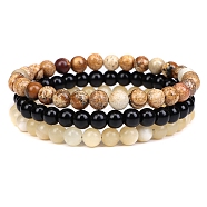 3Pcs 3 Style Natural Picture Jasper & Black Agate & Citrine Round Beaded Stretch Bracelets Set, Gemstone Stackable Bracelets for Woman, Wide: 6mm, 7-1/4~7-1/2 inch(18.5~19cm), 1Pc/style(PW23030759584)