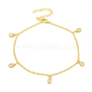 Rack Plating Brass Pave Clear Cubic Zirconia Teardrop Charm Bracelets, Long-Lasting Plated, Cadmium Free & Lead Free, Real 18K Gold Plated, 8-5/8 inch(22cm)(BJEW-P333-01G)