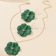 Flower Alloy Enamel Pendant Necklace & Dangle Earring, Golden, Green, 370mm & 65x41mm(FS-WG56F9D-04)