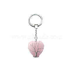 Tree of Life Wire Wrapped Heart Natural Rose Quartz Pendant Keychain, with Metal Findings, Pendant: 3x3cm(FIND-PW0017-03C)