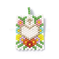 Handmade Japanese Seed Loom Pattern Seed Beads, Rectangle with Heart Pendants, White, 32x19.5x1.5mm, Hole: 2.5mm(PALLOY-MZ00105-02)