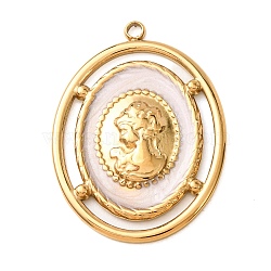 304 Stainless Steel with Enamel Pendants, PVD Vacuum Plating, Oval with Lady Portrait Charms, Golden, White, 30.5x22.5x2.5mm, Hole: 1.8mm(SA-CBA53DF-01)