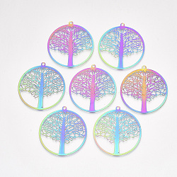 Ion Plating(IP) 201 Stainless Steel Filigree Pendants, Etched Metal Embellishments, Flat Round with Tree of Life, Rainbow Color, 43x40x0.2mm, Hole: 2mm(STAS-S108-44)