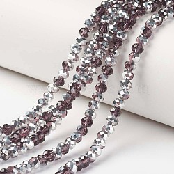 Electroplate Transparent Glass Beads Strands, Half Silver Plated, Faceted, Rondelle, Coconut Brown, 4x3mm, Hole: 0.4mm, about 130pcs/strand, 16.54 inch(42cm)(EGLA-A034-T4mm-M14)