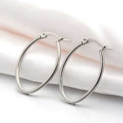 Tarnish Resistant 201 Stainless Steel Hoop Earrings, with 304 Stainless Steel Pin, Hypoallergenic Earrings, Oval, Stainless Steel Color, 33~36.5x22~24x2mm, 12 Gauge, Pin: 1x0.6mm(EJEW-P066-18B)