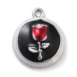 Rack Plating Alloy Enamel Pendants, Lead Free & Cadmium Free & Nickel Free, Half Round with Rose Charm, Platinum, 20x17x7mm, Hole: 1.6mm(PALLOY-F311-12P)