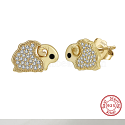 925 Sterling Silver Micro Pave Clear Cubic Zirconia Stud Earrings, Sheep, Real 14K Gold Plated, 8.5x12.5mm(STER-P065-03G)