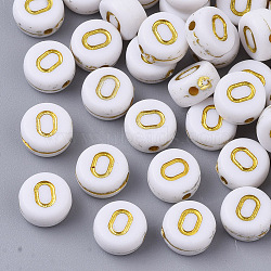 Plating Acrylic Beads, Golden Metal Enlaced, Horizontal Hole, Flat Round with Alphabet, White, Letter.O, 7x3.5mm, Hole: 1.2mm, about 360pcs/50g(X-PACR-R242-01O)