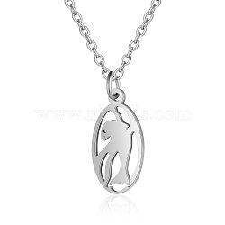 201 Stainless Steel Pendant Necklaces, with Cable Chains, Oval with Dolphin, Stainless Steel Color, 15.7 inch(40cm), 1.5mm, Oval: 20x10.5x1mm(NJEW-T009-JN123-40-1)