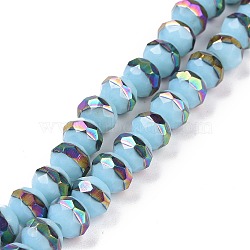 Handmade Porcelain Beads Strands, Facted, Rondelle, Half Plated, Light Sky Blue, 8x6.5mm, Hole: 1.4mm, about 66pcs/strand, 16.77 inch(42.6cm)(PORC-F007-01C)