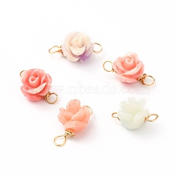 Synthetic Coral Links Connectors, with Golden Tone Copper Wire Loop, 3D Rose Flower, Mixed Color, 15x7x6.5mm, Hole: 2.5mm(X-PALLOY-JF00564)